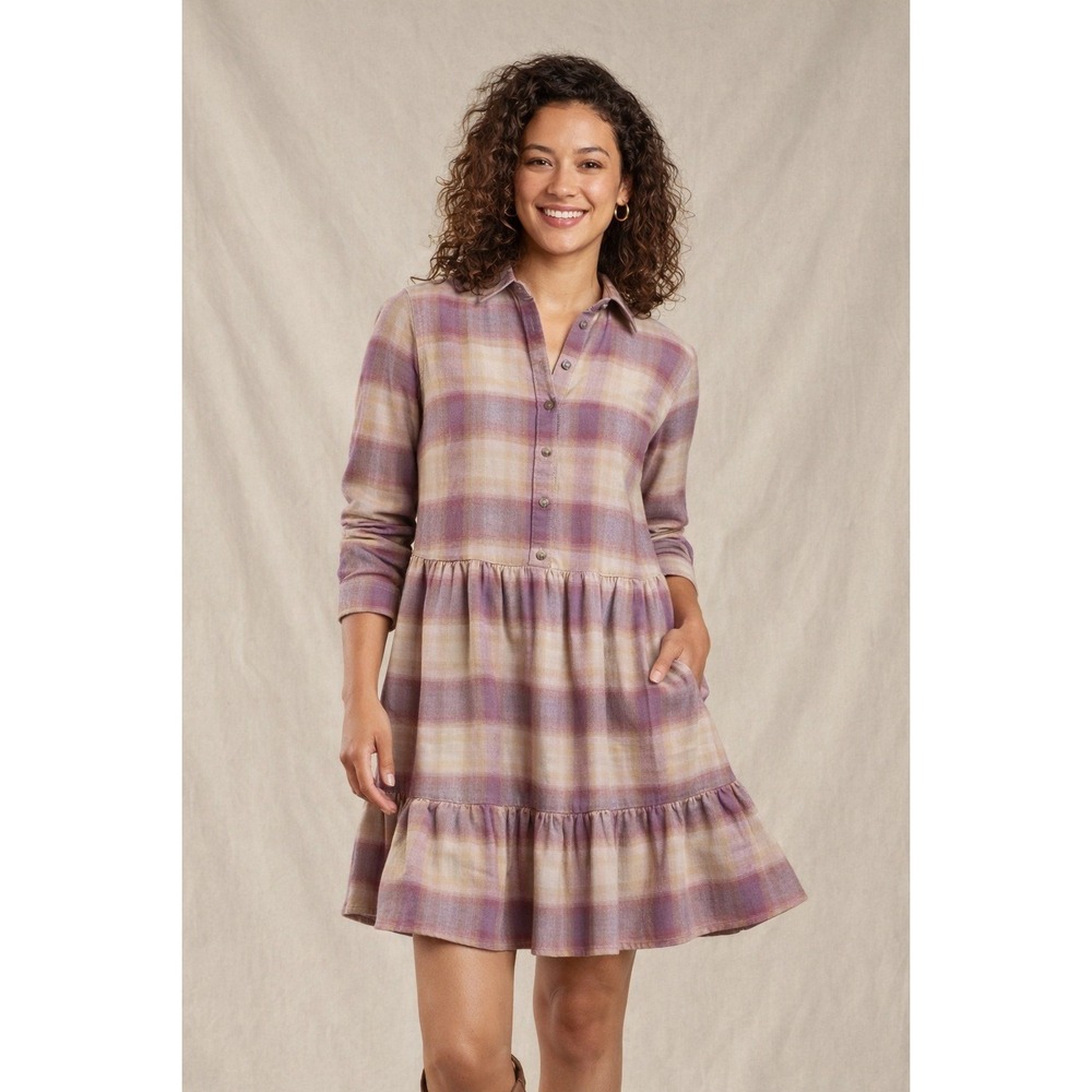 Toad&Co Re-Form Tiered Dress Dawn‎ Women XS Plaid Mauve Cream NWT Eco-Chic